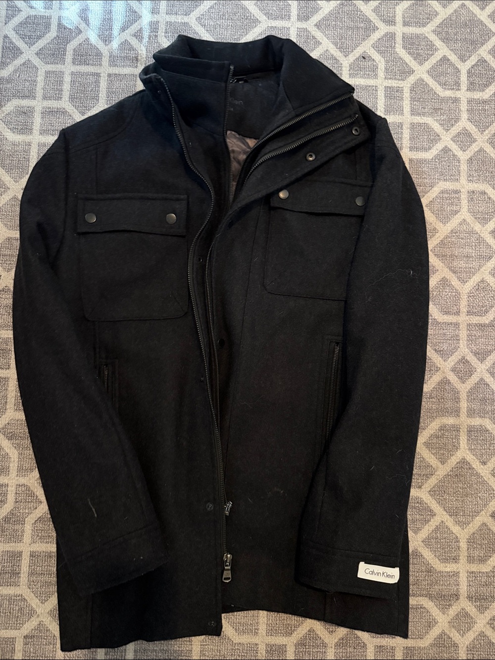 Calvin Klein Black Wool Blend Pea Coat with Quilted Lining